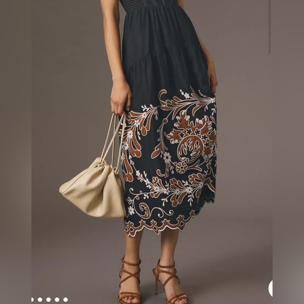anthropologie midi Black and Brown Embroidered Skirt